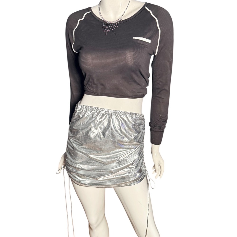 Silver Metallic Ruched Mini Skirt Medium Festival Rave Wear Liquid Shine Bodycon